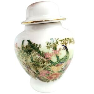 Vintage OMC Otagiri Japan Mini Urn Vase Peacock Bamboo Garden Gold Ginger Jar